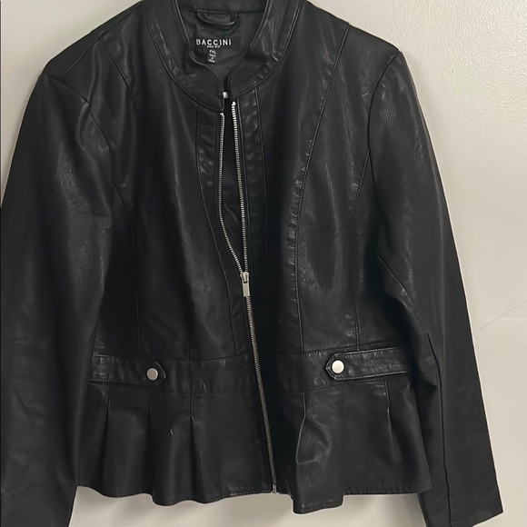 Black Leather Jacket with Stand-Up Collar and Zip-Up Front - Picture 4 of 5